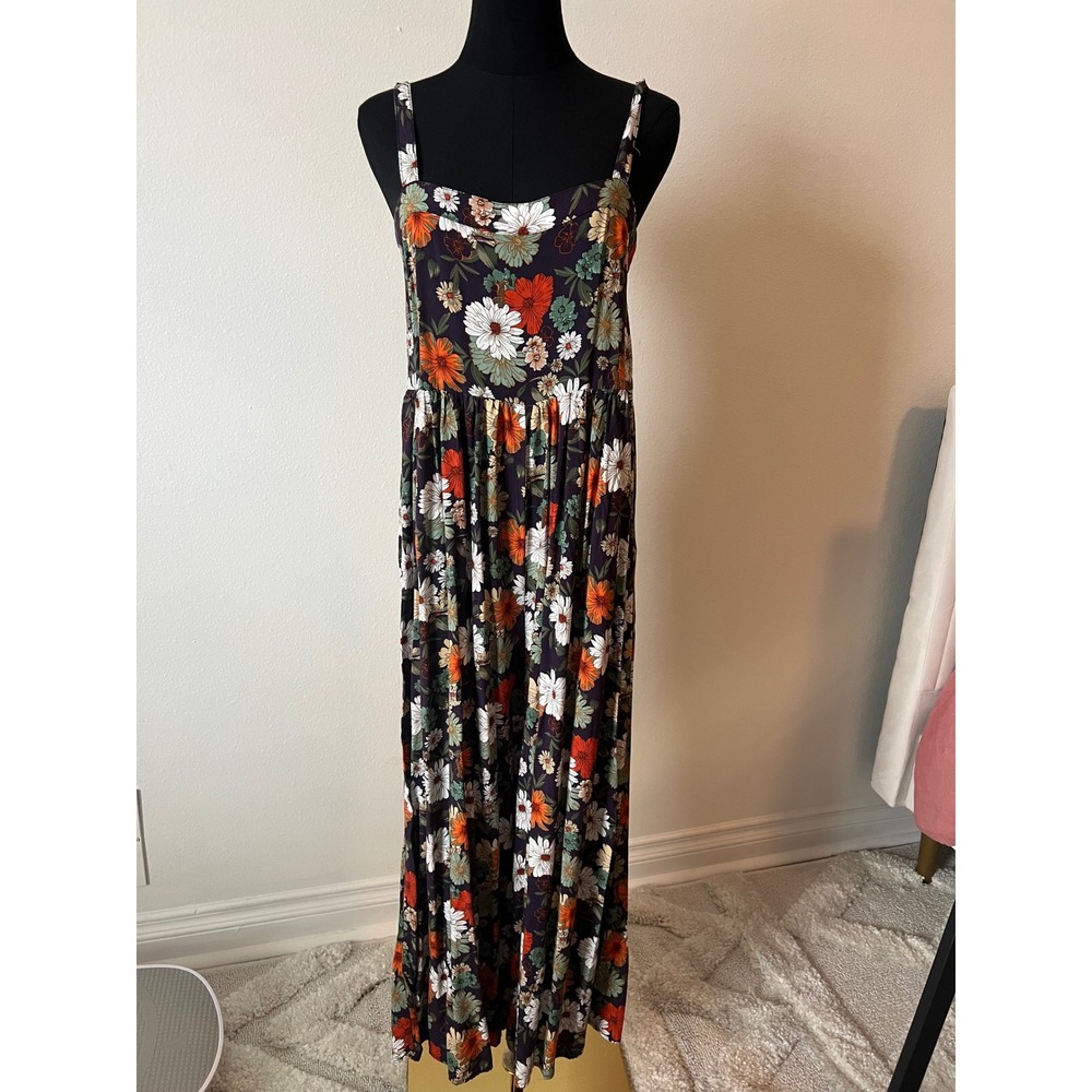 Natural Life Floral Wide Leg Jumpsuit Navy Daisy Boho Button Back Small - Picture 2 of 5